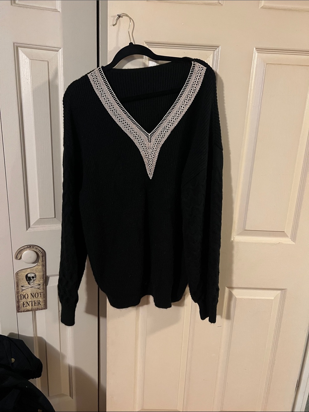 Black V-Neck Sweater with White Trim - Women